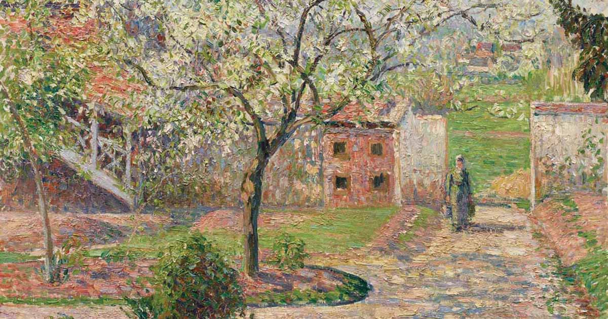 Camille Pissarro: Alberi di prugne in fiore a Éragny (la casa dell'artista, particolare)