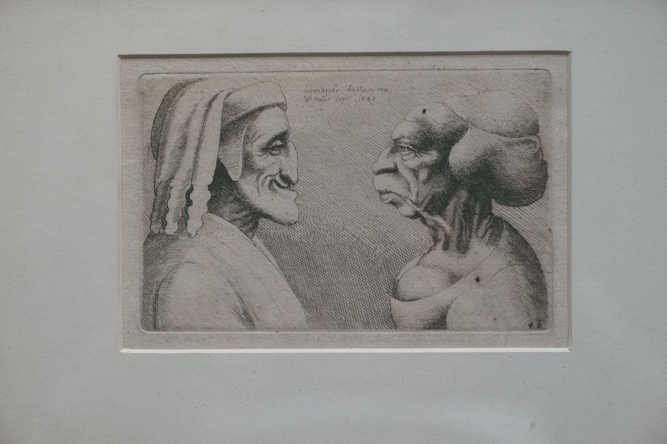 Wenceslao Hollar, Due teste grottesche affrontate, una femminile e una maschile con copricapo che ricorda quello indossato da Dante, 1645