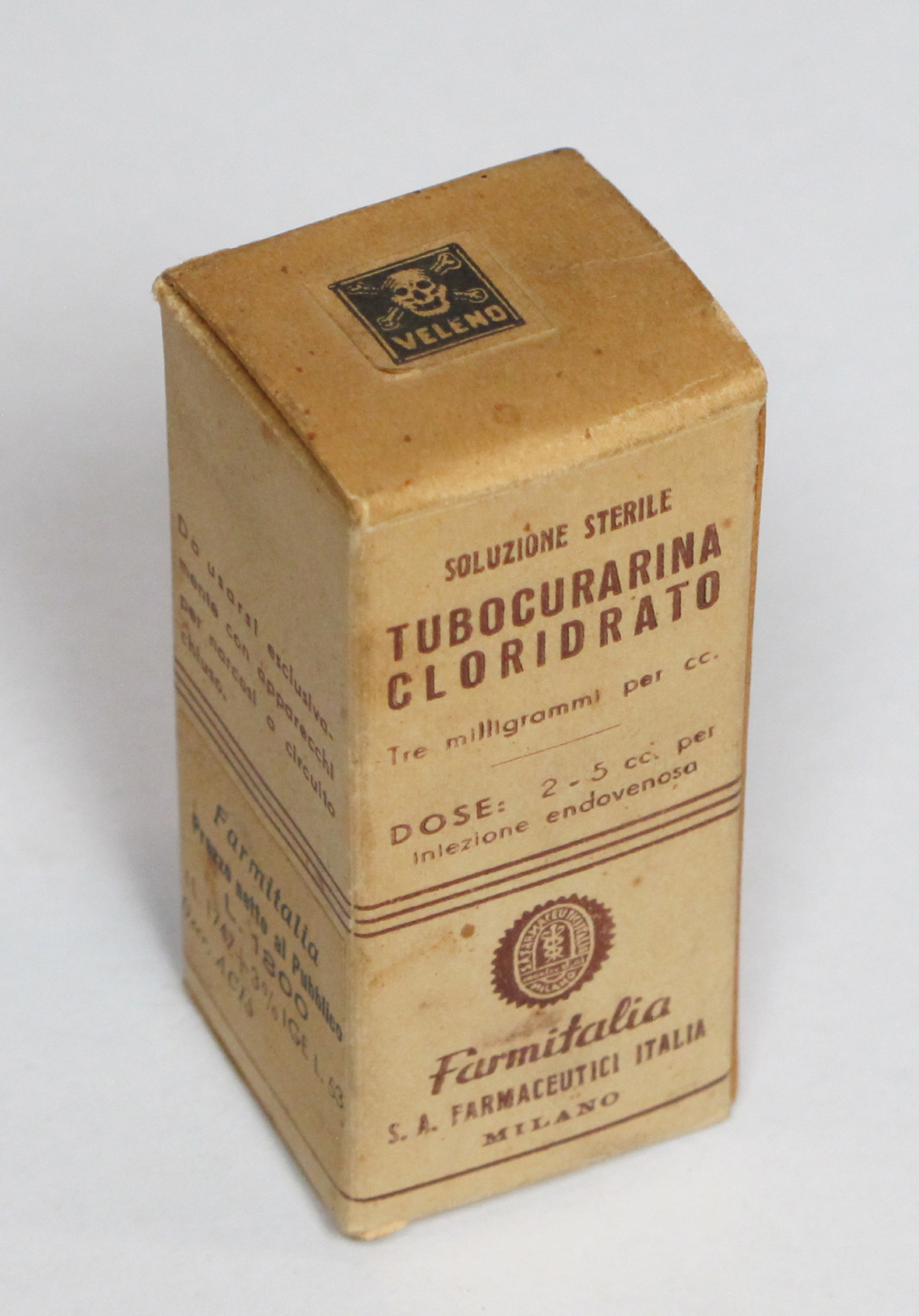 Confezione di Tubocurarina. Il farmaco moderno, formulato dal curaro, coadiuvante nell’anestesia