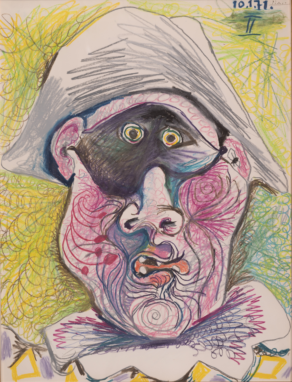 Pablo Picasso, Testa di Arlecchino II, 1971, matita e pastello su carta