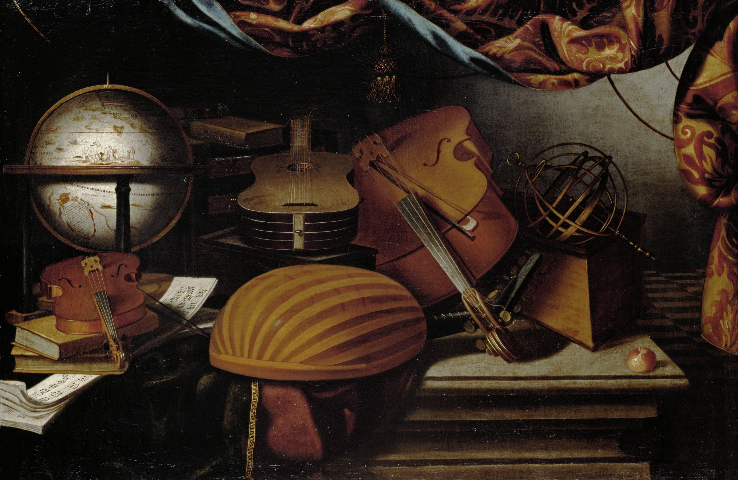 Evaristo Baschenis, Natura morta con strumenti musicali, mappamondo e sfera armillare XVII secolo Olio su tela 78 cm × 118 cm, Courtesy KHM-Museumsverband 