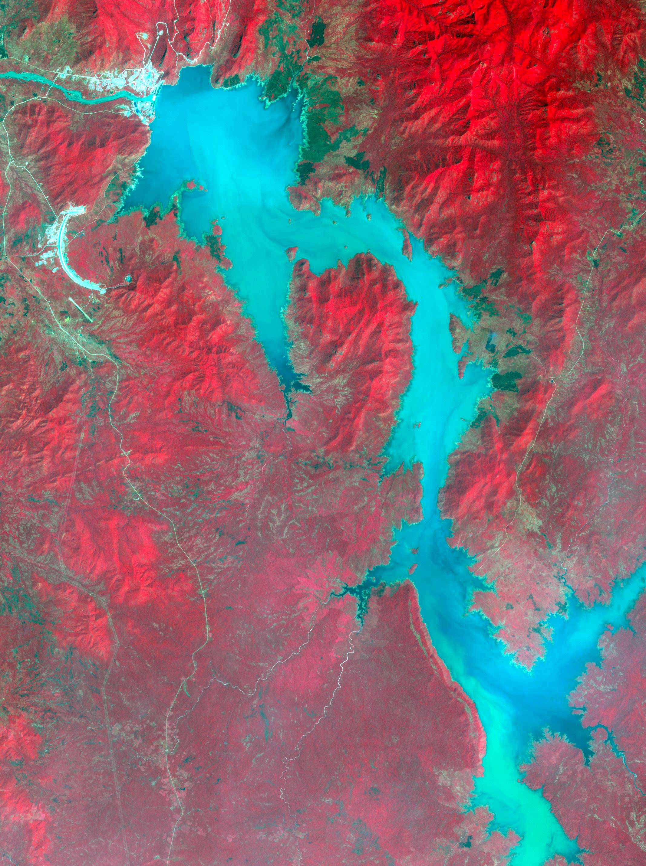 La diga etiope vista da un'immagine satellitare del 2020 realizzata dalla Nasa. Foto: NASA/METI/AIST/Japan Space Systems, and U.S./Japan ASTER Science Team