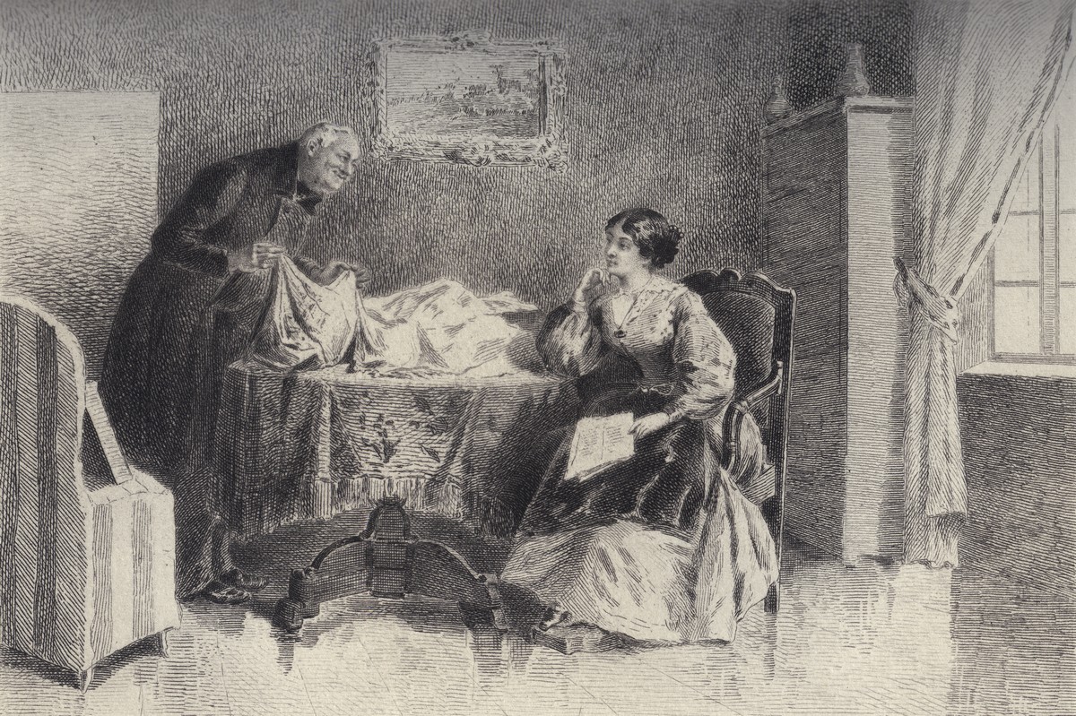 Alors M. Lheureux ex​hiba délicatement trois écharp​es algériennes. Illustration ​of the novel Madame Bovary b​y Gustave Flaubert France
