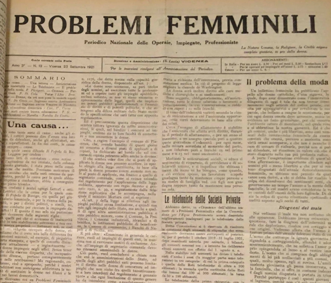 Prima pagina del giornale "Problemi femminili". Foto: CDS Presenza donna