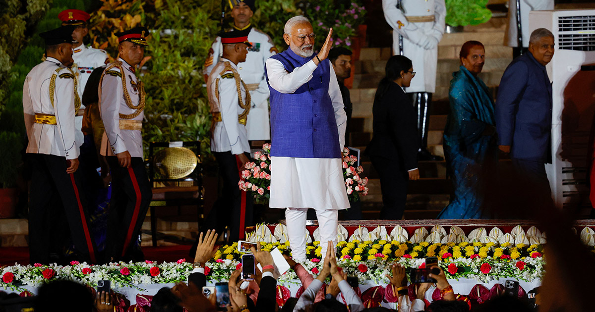 Il premier indiano Modi durante il suo terzo giuramento. Foto: Reuters