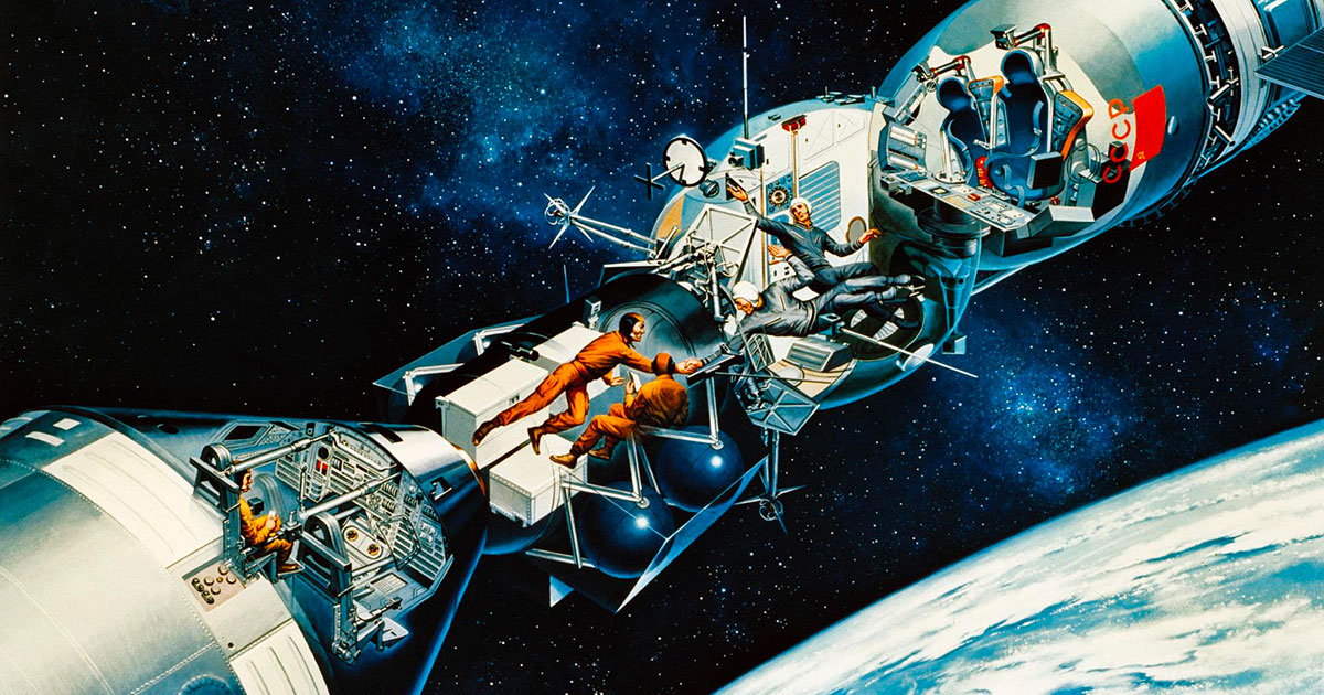 Un'elaborazione artistica dei moduli Apollo e Soyuz collegati Un'elaborazione artistica dei moduli Apollo e Soyuz collegati
