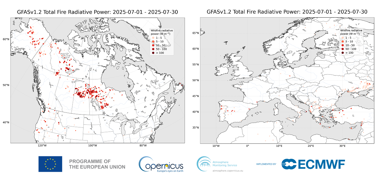 GFASv1.2 localizzazione incendi e potenza di fuoco radiante sul Nord America (a sinistra) e sull'Europa (a destra) per il 1-30 luglio 2025. Fonte: CAMS GFASv1.2 localizzazioni incendi e potenza di fuoco radiante sul Nord America (a sinistra) e sull'Europa (a destra) per il 1-30 luglio 2025. Fonte: CAMS