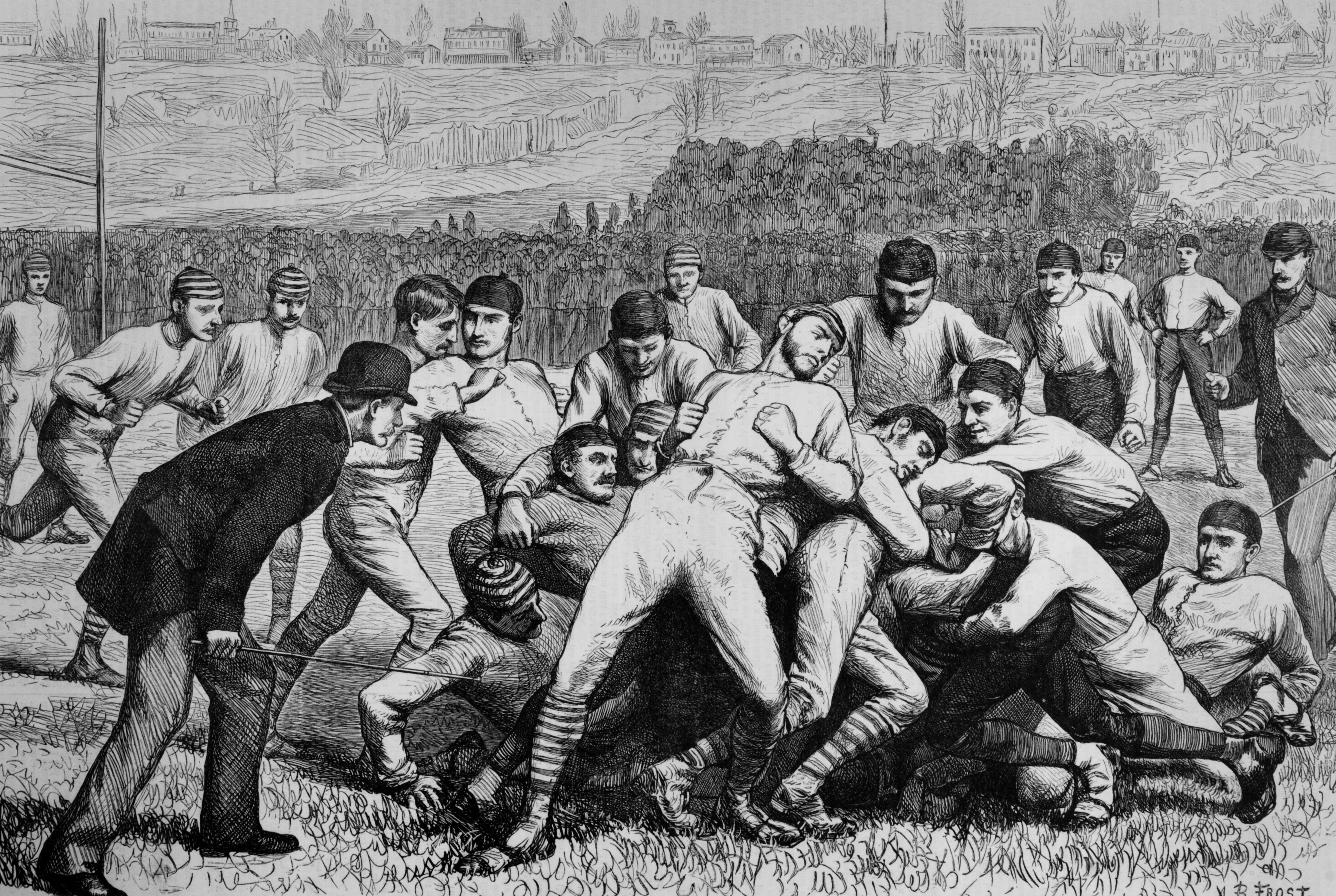 Partita di football tra Yale e Princeton, stampa di Arthur Burdett Frost, 1879.