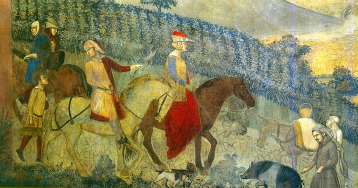 dipinto medioevale viaggiatori a cavallo