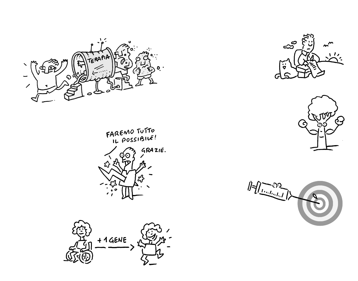 Disegni di Luca Novelli tratti da "Umberto Veronesi e il nemico numero uno", nuovo libro della collana Lampi di genio, Editoriale Scienza