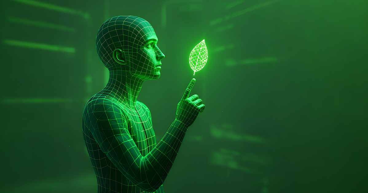 robot verde con foglia su indice dx