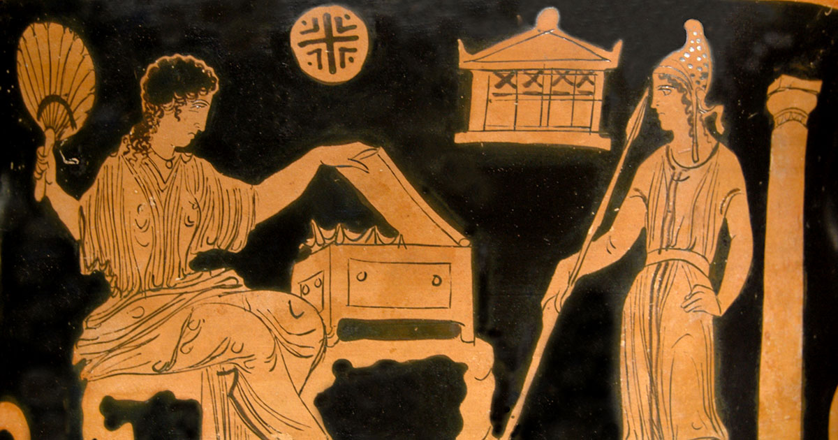 Elena e Paride. Faccia A di un cratere a campana apulo a figure rosse (Taranto?), 380–370 AC.