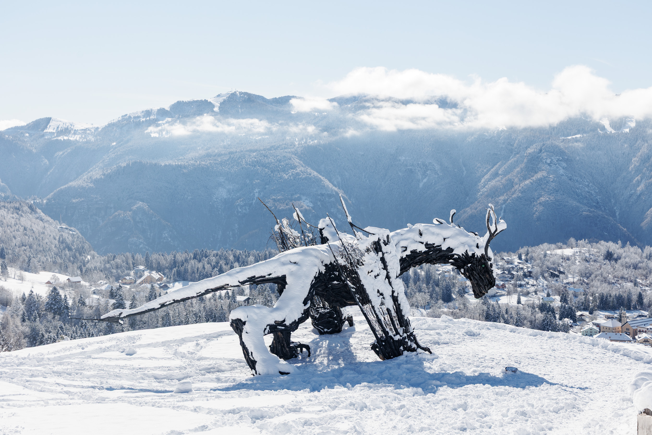 Drago Vaia Regeneration, il nuovo drago di Martalar, si trova a Magrè di Lavarone: nasce dalle ceneri del primo, misura 16 metri in lunghezza e 7 in altezza. Foto: Massimo Pistore