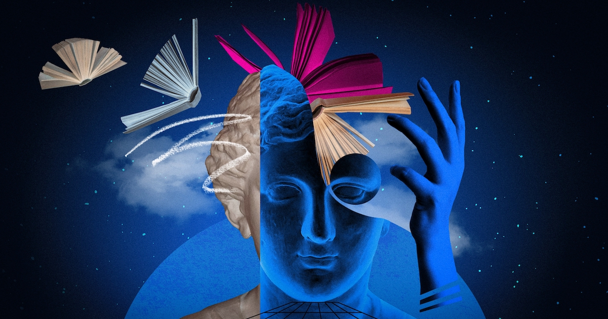 statua volto donna con libri uscenti dalla sua testa 