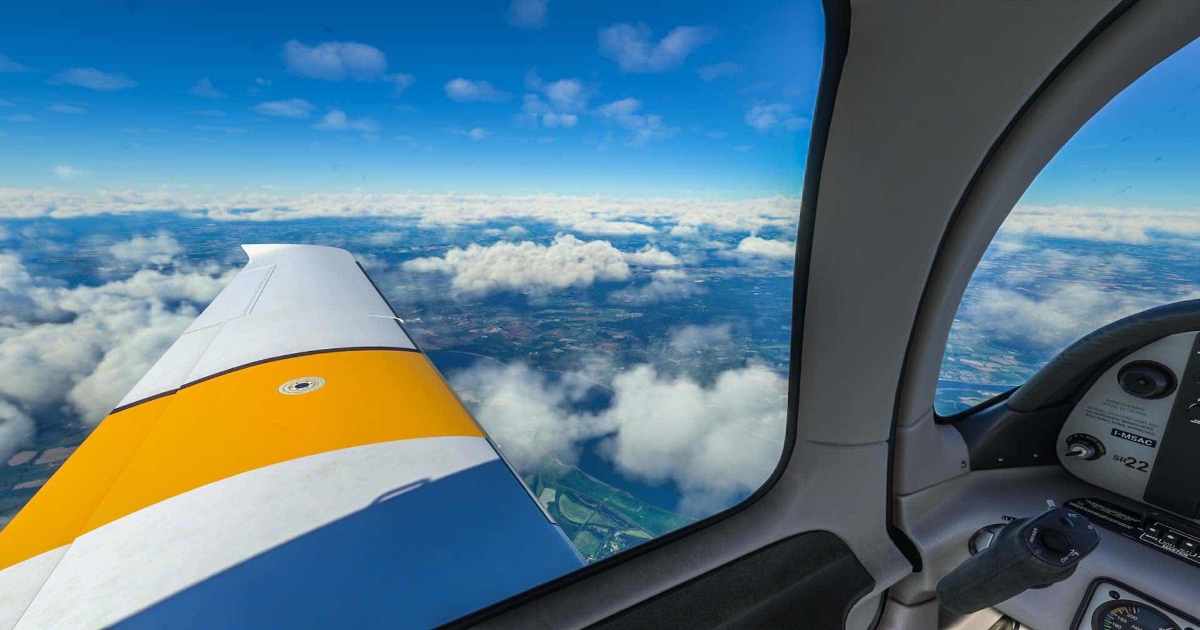 Uno screenshot dalla cabina di pilotaggio di un aereo di aviazione generale da Flight Simulator