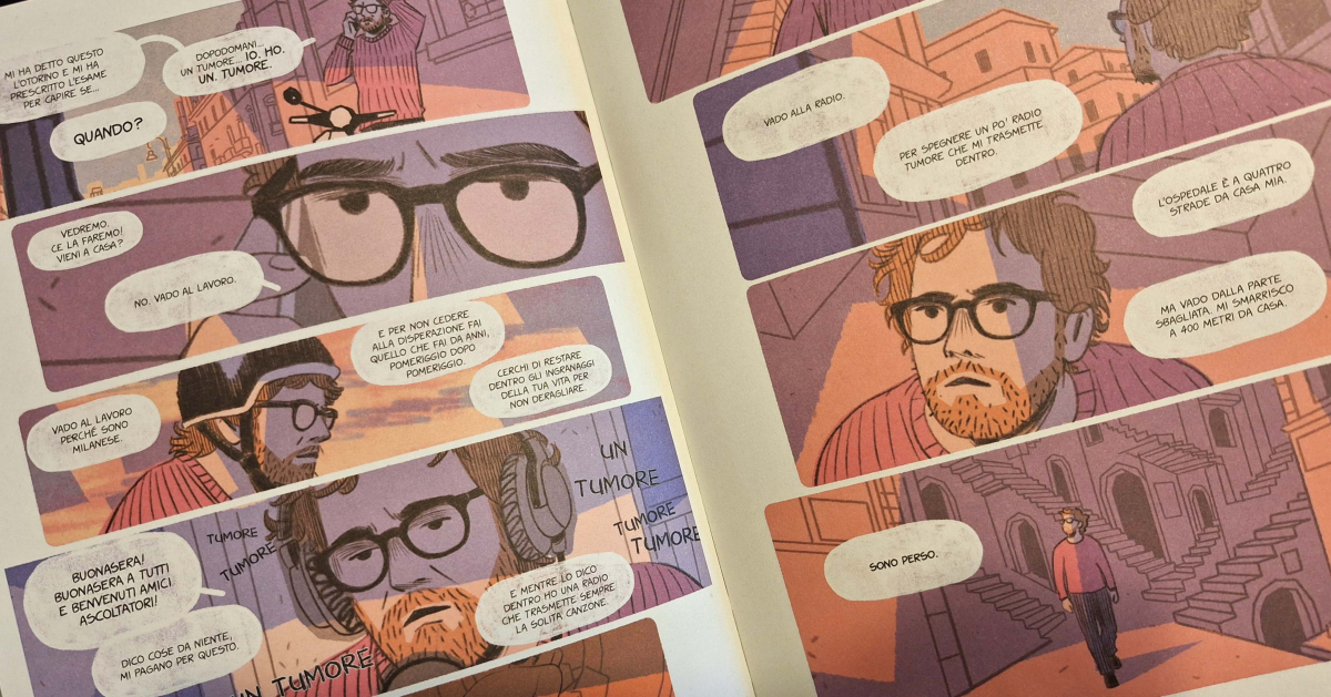 Una vignetta tratta dalla biografia a fumetti Storie di vita, storie di cura. Testa-collo edita da BeccoGiallo.