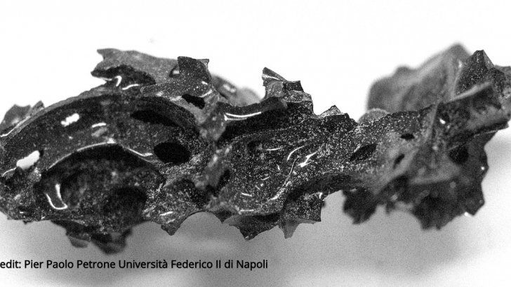  Frammento di materiale nero vetroso estratto dalla cavità cranica di una vittima dell'eruzione vulcanica a Ercolano