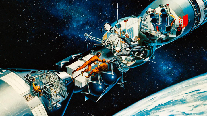 Un'elaborazione artistica dei moduli Apollo e Soyuz collegati