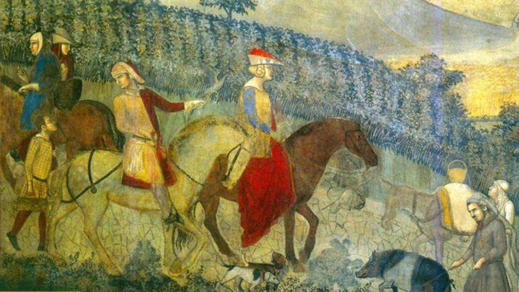 dipinto medioevale viaggiatori a cavallo