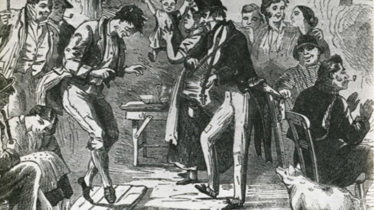 stampa bianco e nero rappresentante danze irlandesi