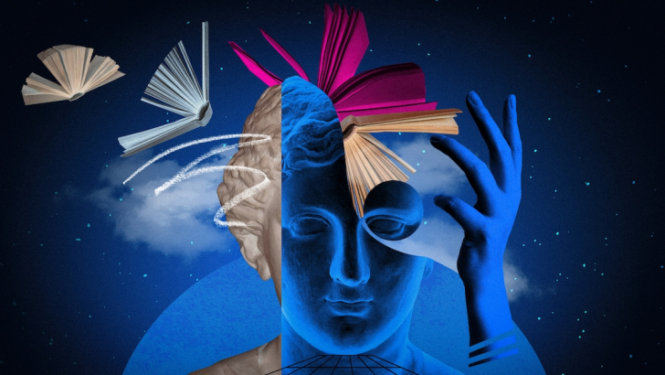 statua volto donna con libri uscenti dalla sua testa 