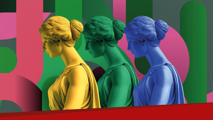 3 statue femminili colorate allineate 