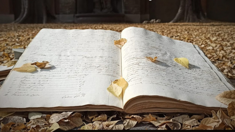 quderno aperto con foglie d'autunno