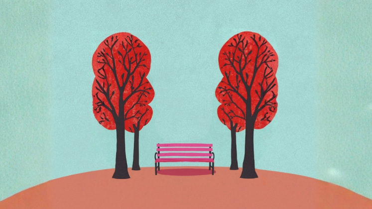 panchina rossa fra due alberi rossi 